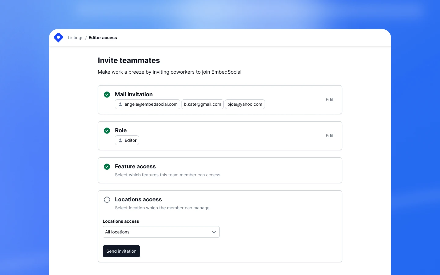 Localith invite teammate screen showing editor role, feature access, and GBP location access controls