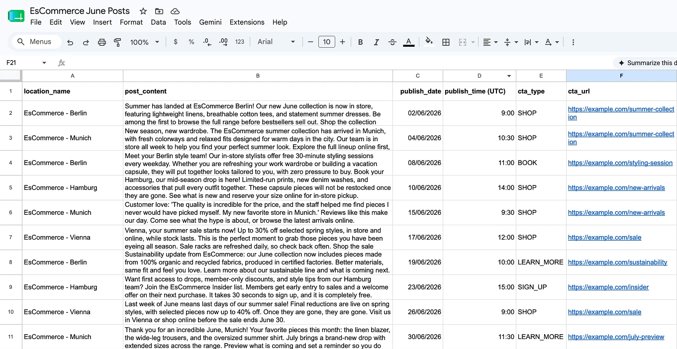 Example of Claude-generated Google Business Profile posts prepared in a Google Sheet