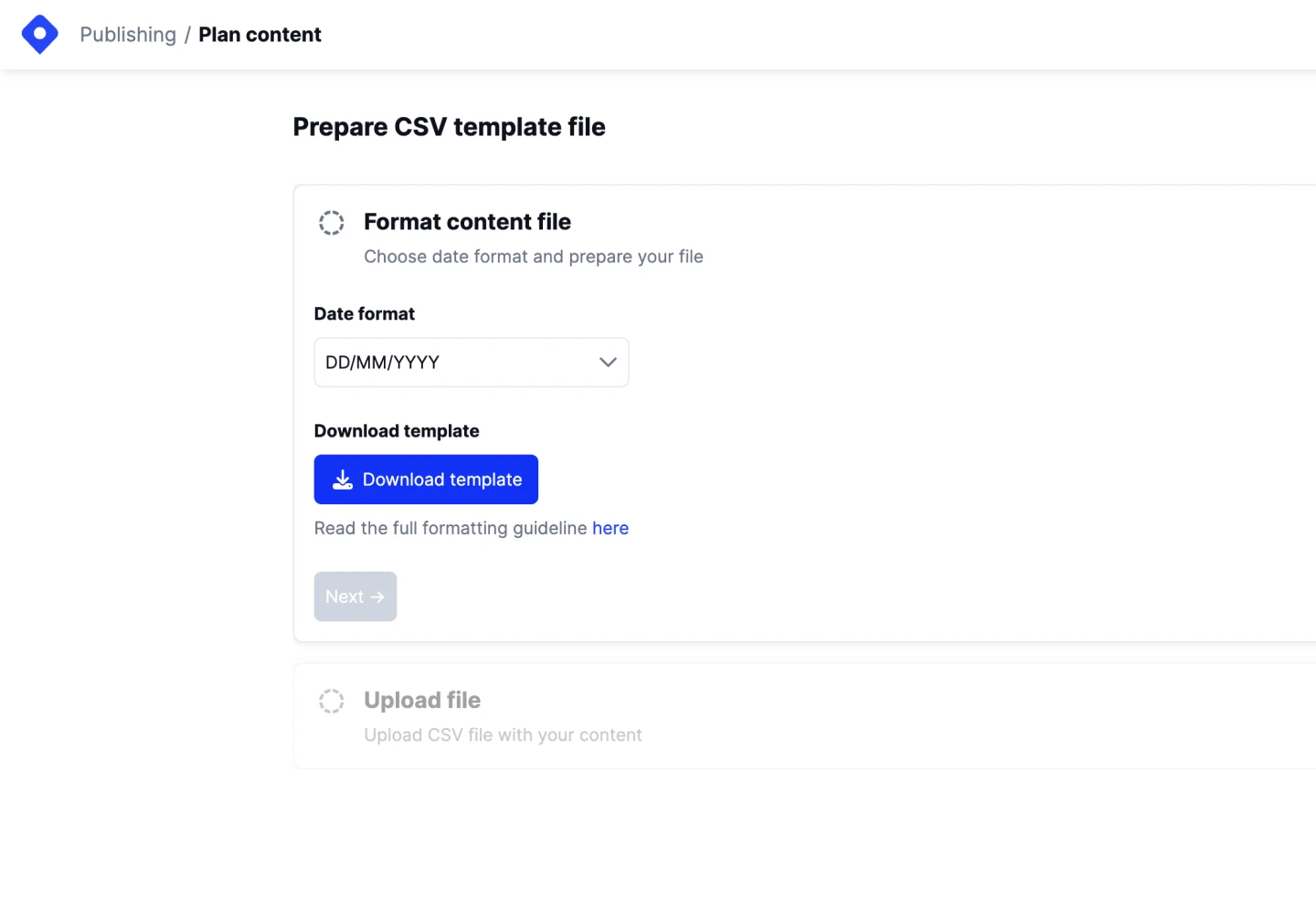 Screenshot of the Localith CSV upload screen showing the date format selector and Download template button