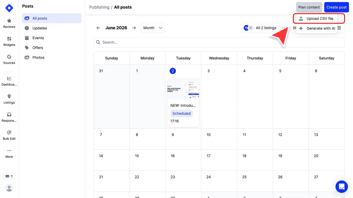 Screenshot of Localith Publishing showing the Upload CSV file action under Plan content