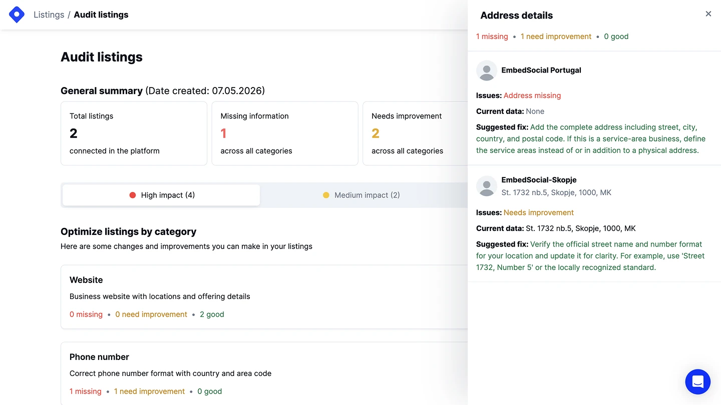 Localith GBP audit results showing audit listings summary with high-impact issues, missing fields, and per-category fixes