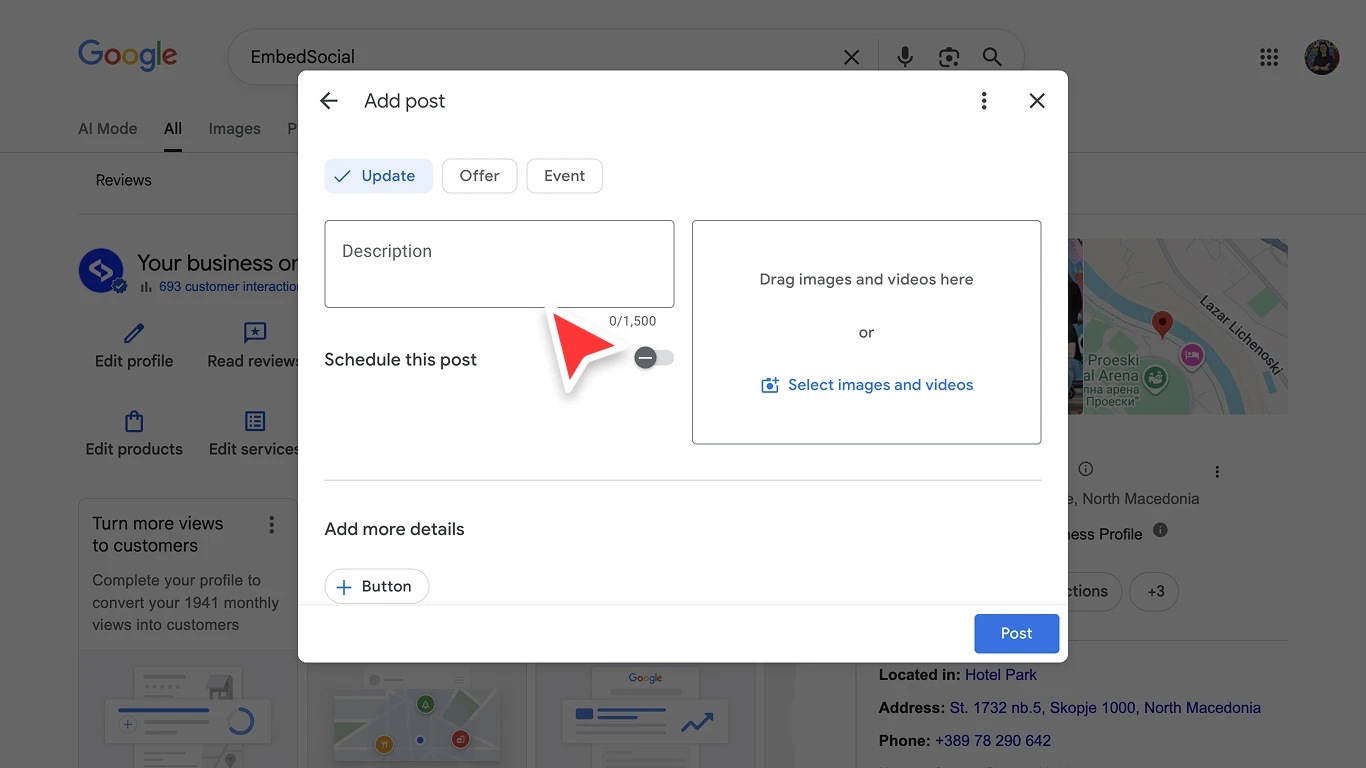 Creating a Google Post from inside the native Google Business Profile dashboard