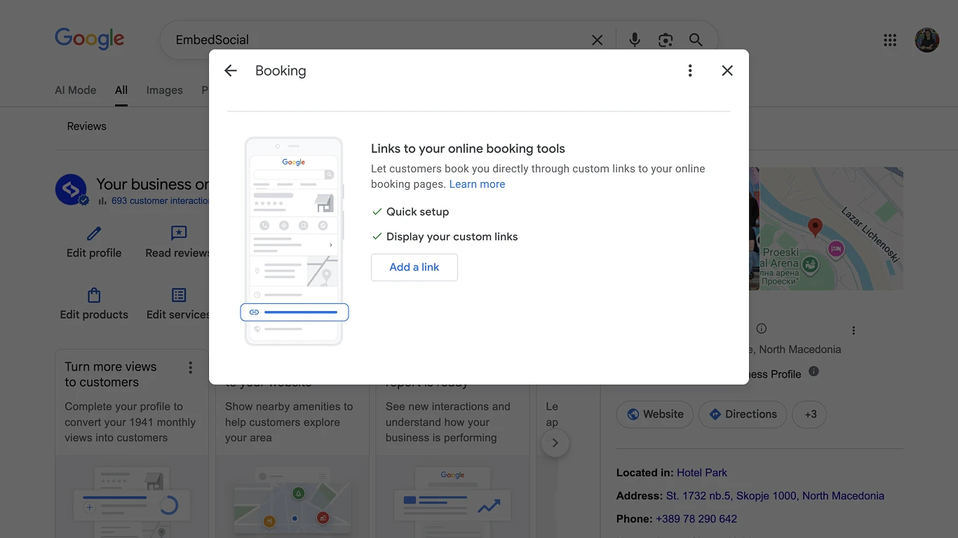 Connecting a booking link to a Google Business Profile from the native dashboard