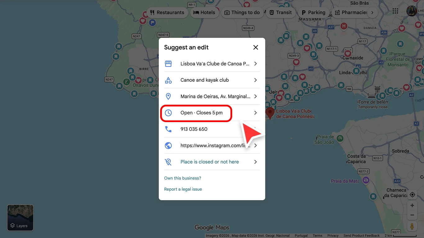 Suggested edit form showing the business hours field on a Google Business Profile
