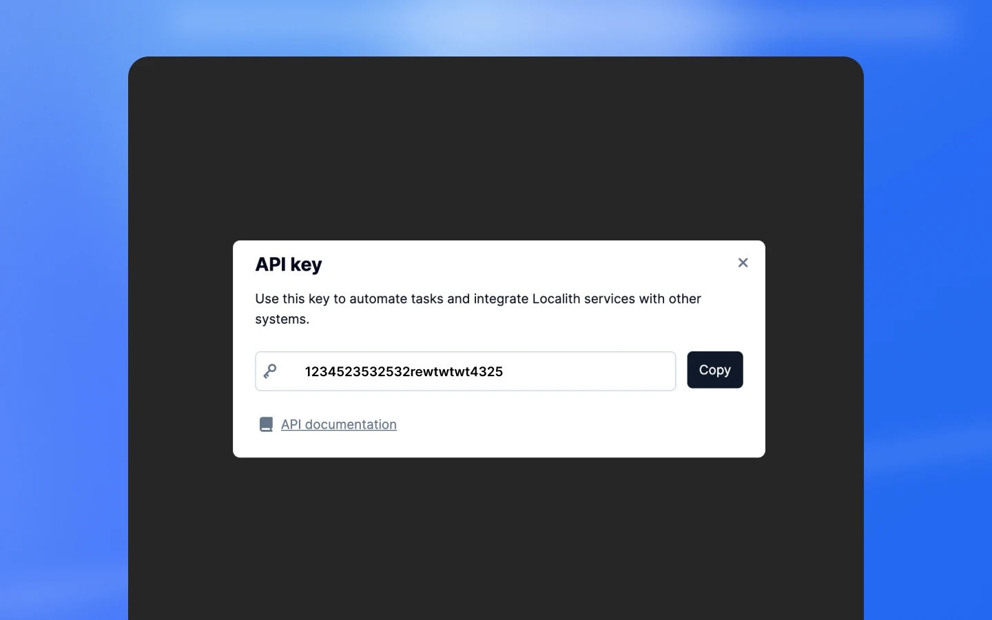 Google Business Profile API key modal in Localith with copy and API documentation options
