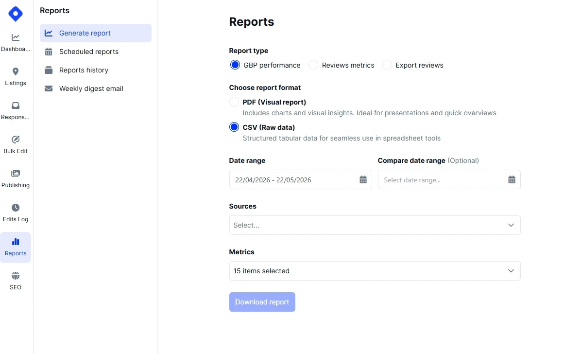 Localith report setup for exporting Google review metrics or raw review data