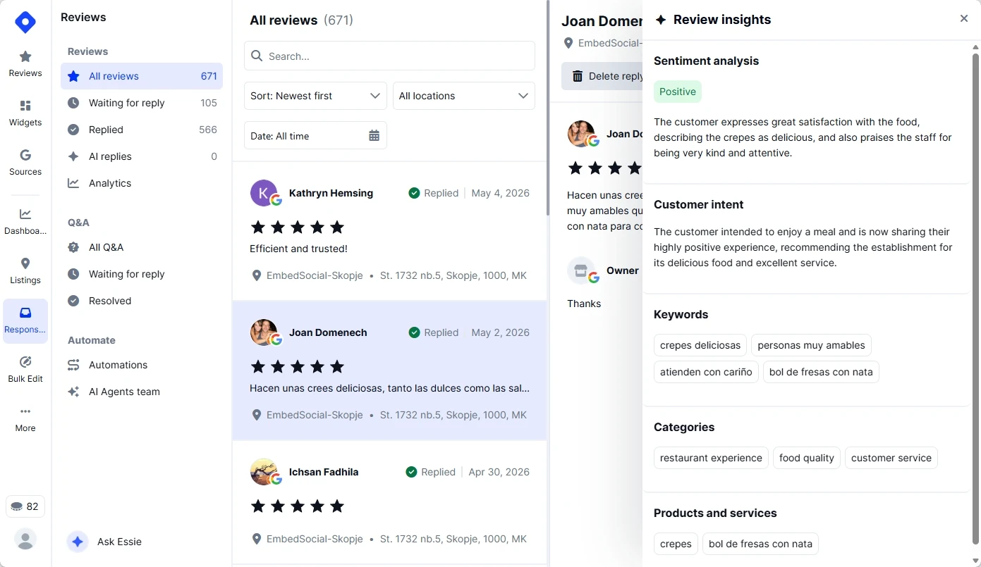 Localith Review insights panel for a single Google review with sentiment analysis, customer intent, keywords, categories, and products and services tags