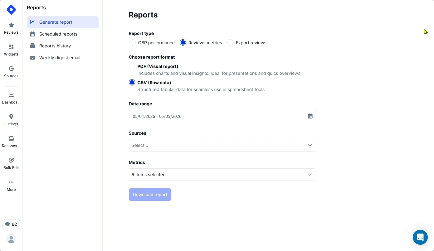 Localith Reports page with Reviews metrics selected as the report type and CSV raw-data format chosen for export