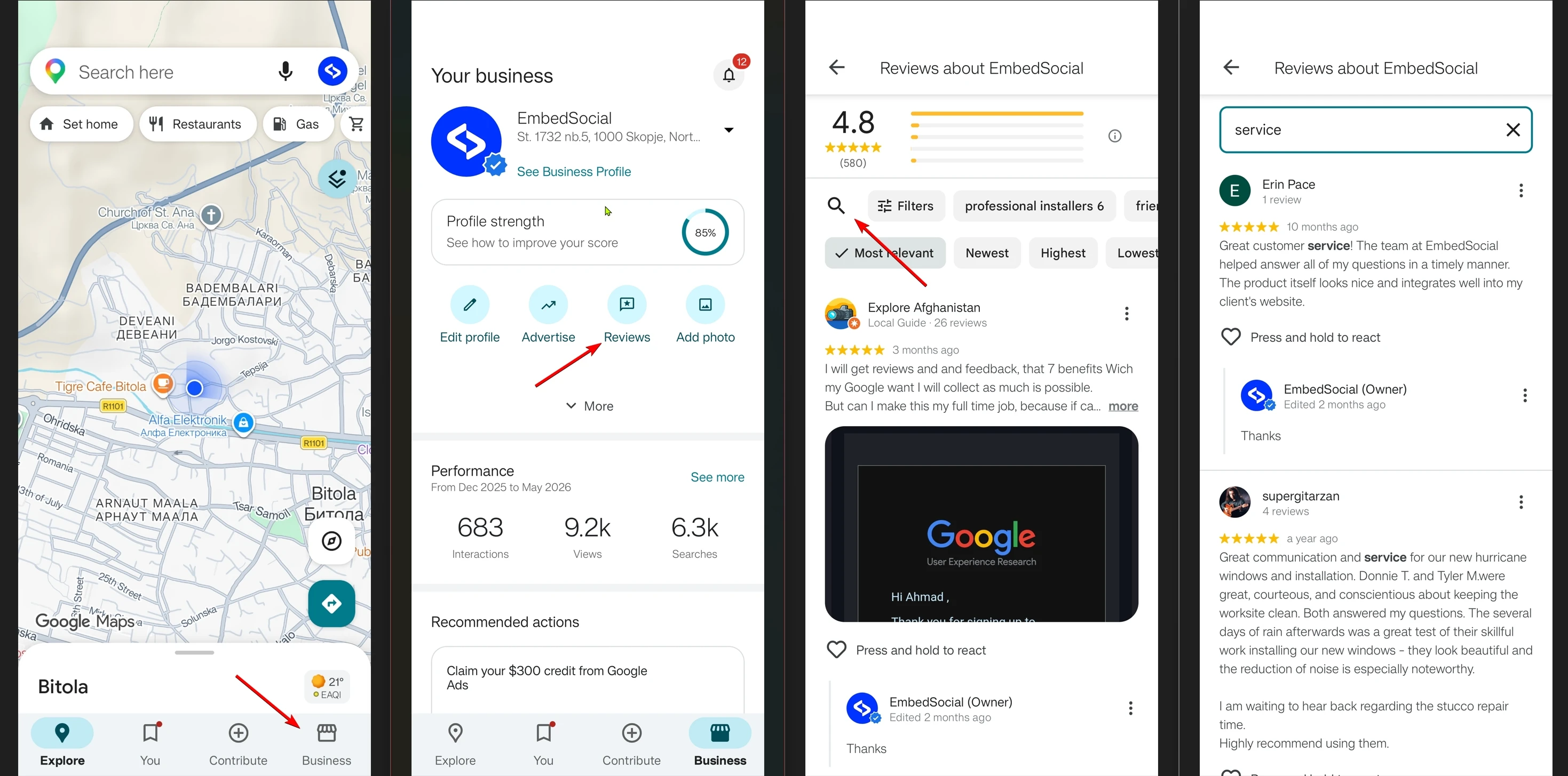 Four-panel mobile walkthrough of searching Google reviews on the Google Maps app: profile view, reviews list, search field, and matching results