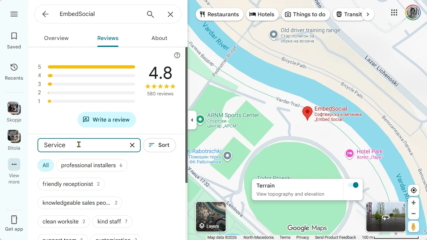 Google Maps reviews panel with the in-review search field active and a sample keyword highlighted across matching reviews