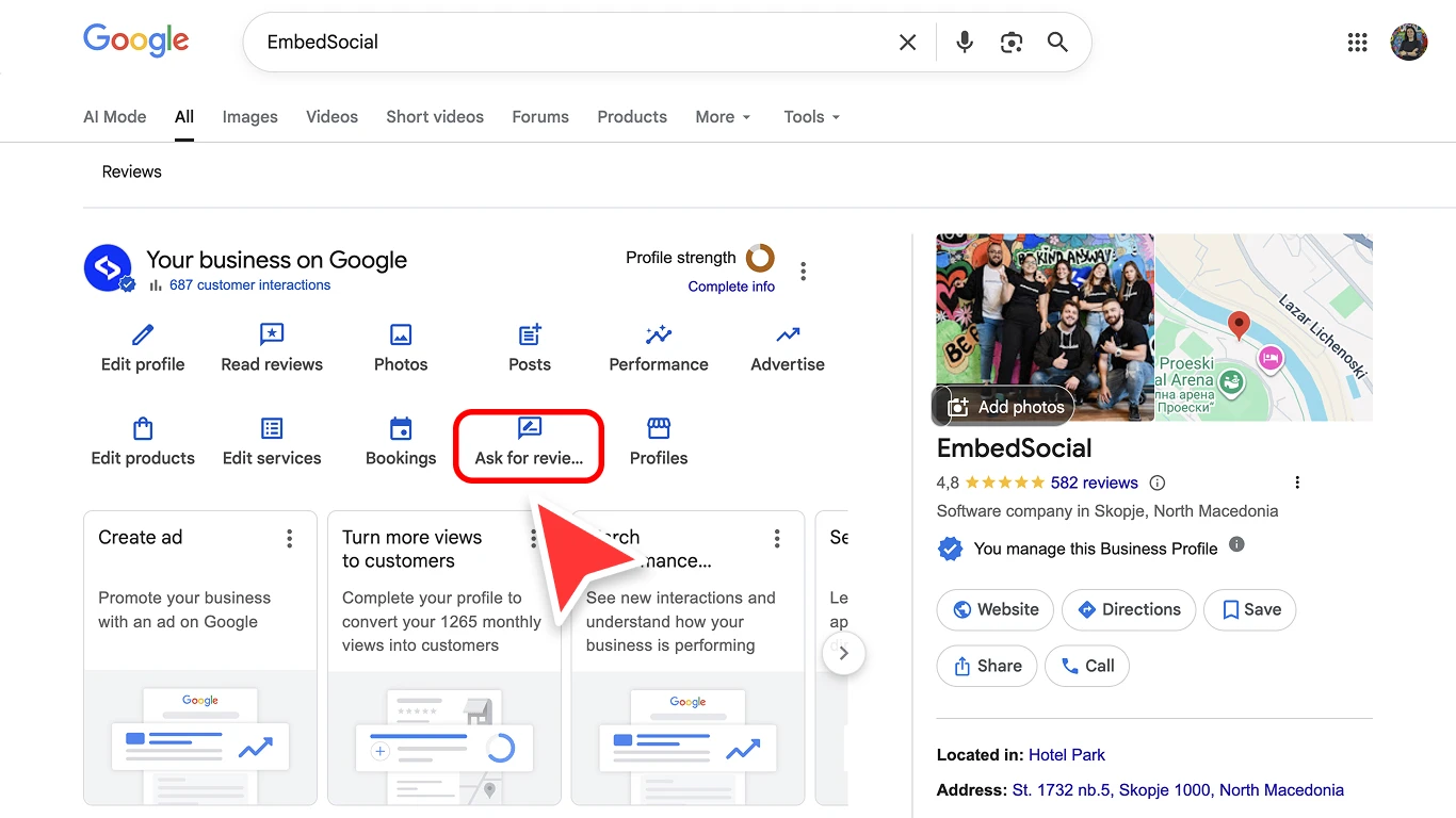 Google Business Profile showing the Ask for reviews entry point used to create a shareable review request link