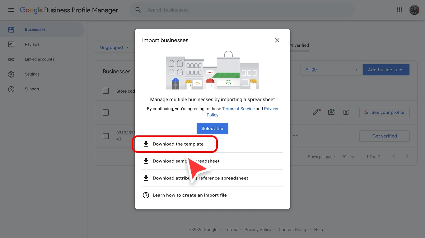 Downloading the empty bulk upload template from Google Business Profile Manager