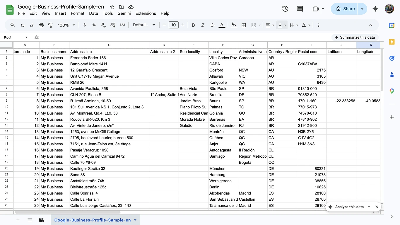 Filled-in GBP bulk upload template ready for submission
