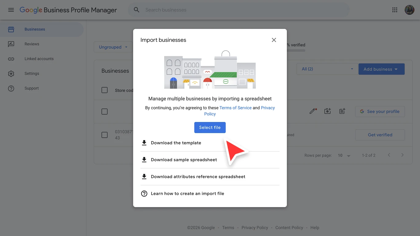 Uploading the edited GBP spreadsheet to Google Business Profile Manager