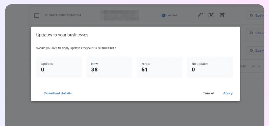Reviewing the summary of bulk updates in Google Business Profile Manager