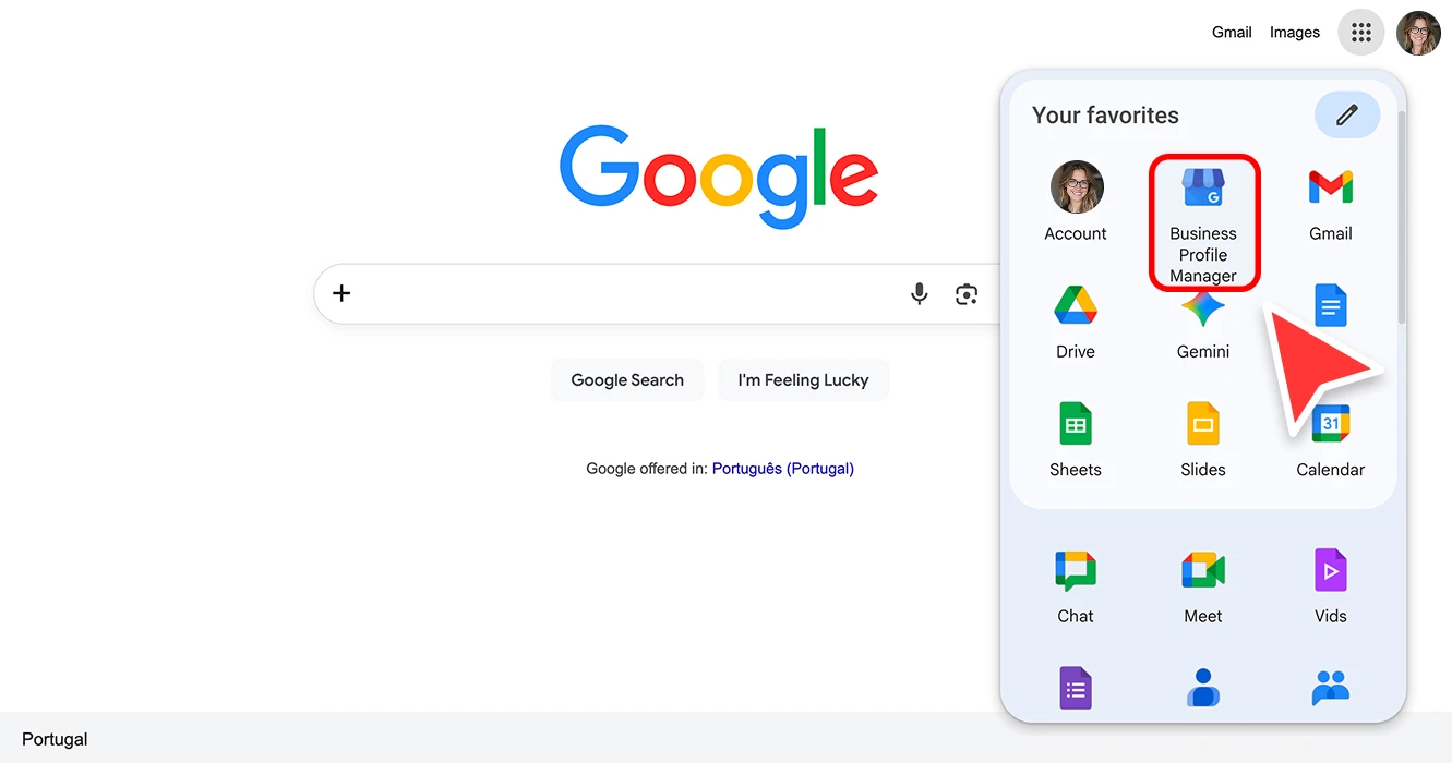 Google apps menu opened on the Google homepage to access Business Profile Manager