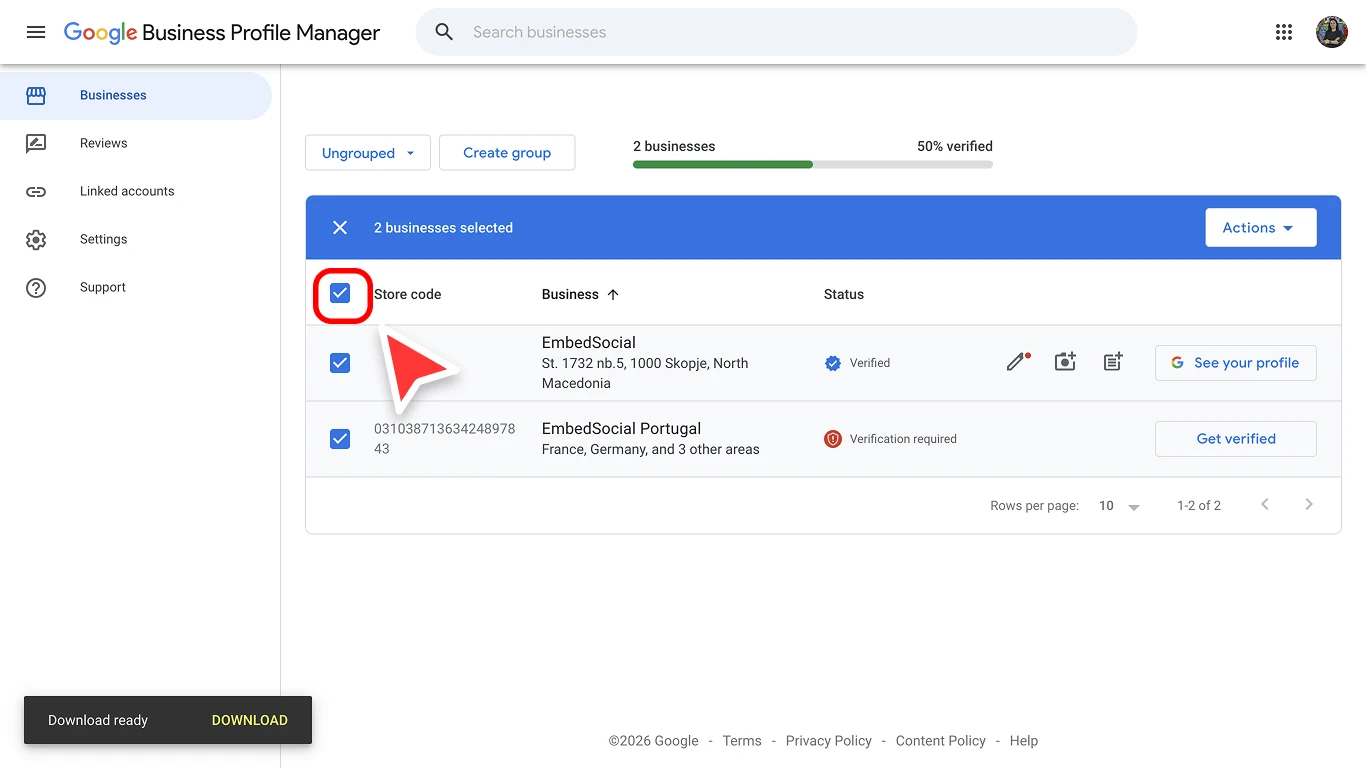Selecting Google Business Profile listings to bulk download from GBP Manager