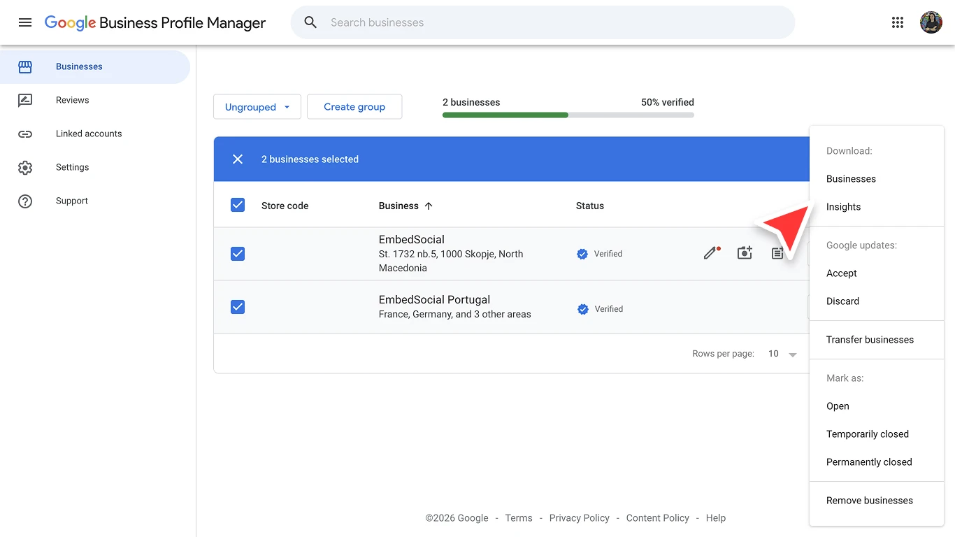 Actions menu opened in GBP Manager to download selected listings