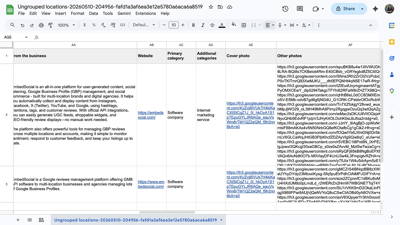 GBP listings spreadsheet file opened for review before bulk edits