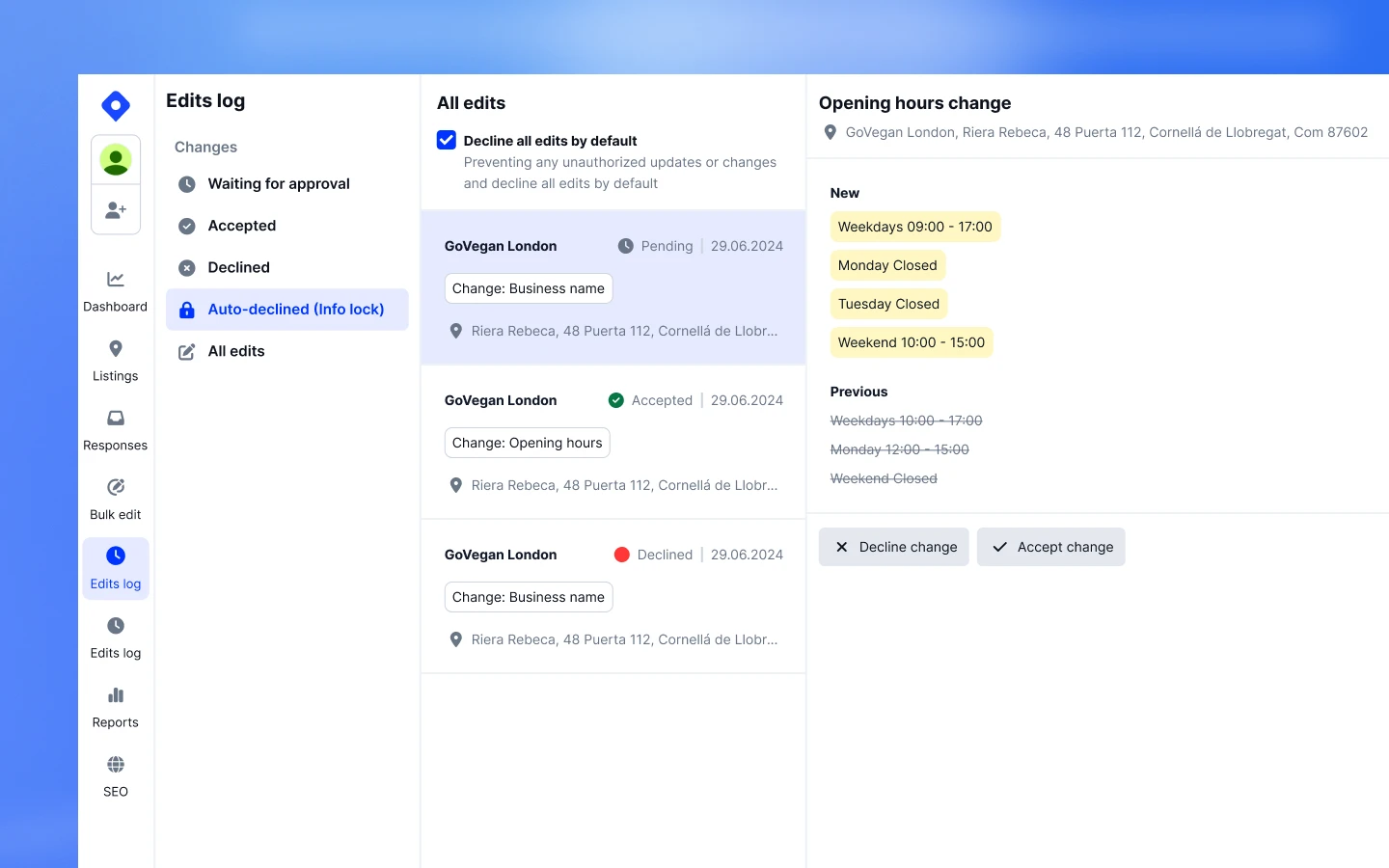 Localith Edits Log showing bulk edit status and change history