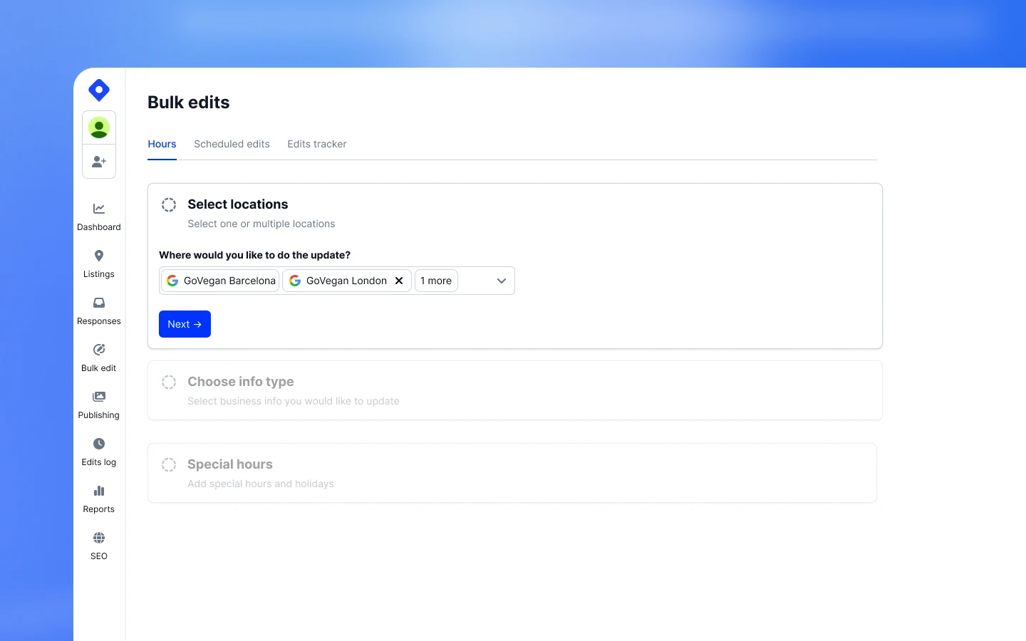 Localith Bulk Edit Select locations step with multiple GBP locations chosen for a bulk update