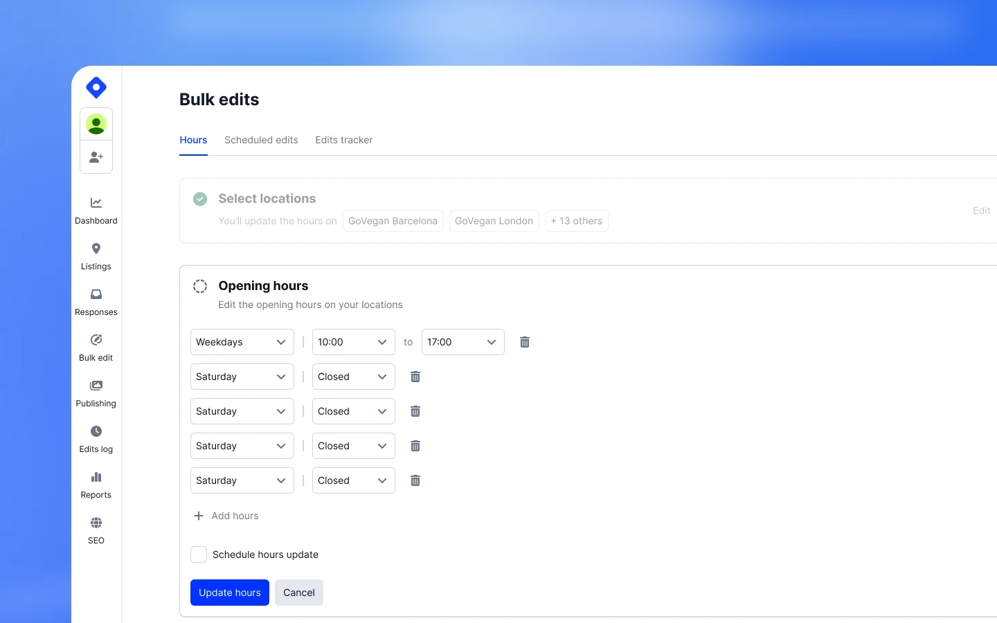 Localith input area for editing working hours across selected GBP locations