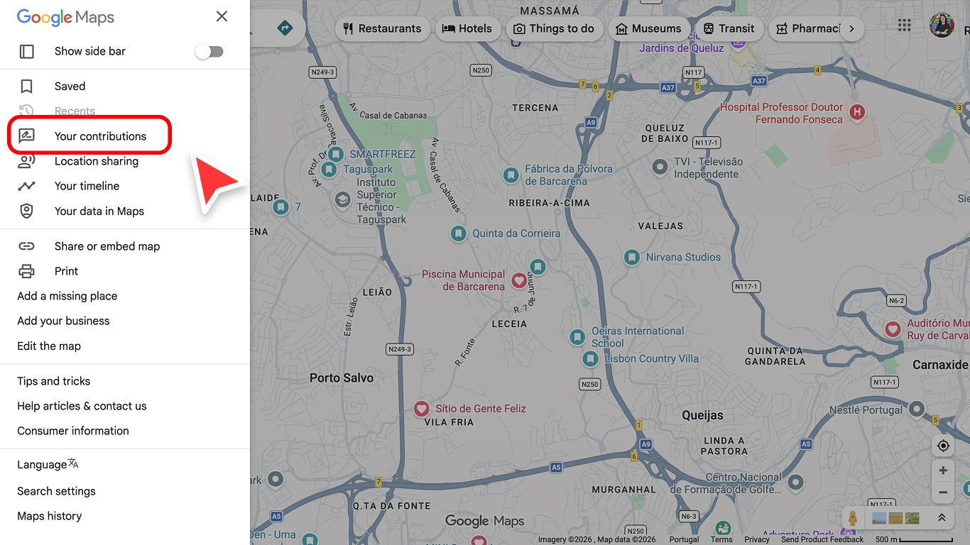 Google Maps menu with Your contributions highlighted, the path used to find and edit your review