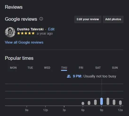 Google Search business profile reviews panel with the Edit your review button
