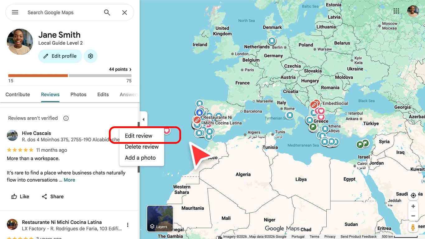 Desktop screenshot showing the Google Maps review-edit flow after opening your review