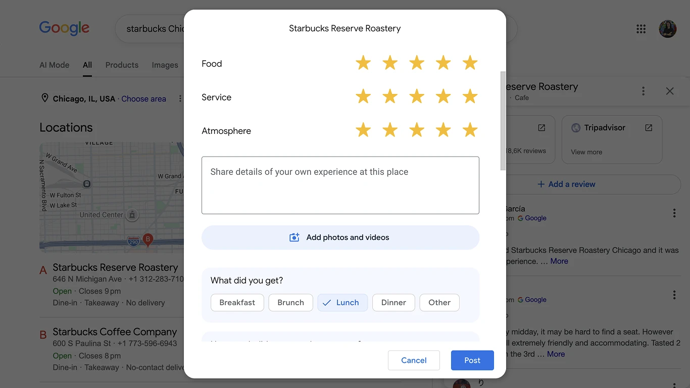 Desktop screenshot showing the Google review form after clicking Write a review