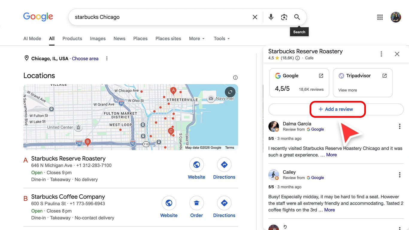 Desktop screenshot showing where to click the Google reviews link from Google Search
