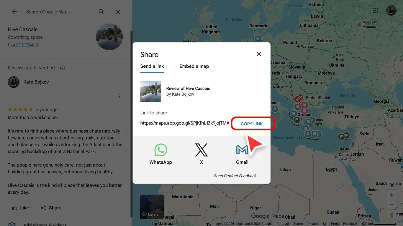 Desktop screenshot showing the share option for a Google review