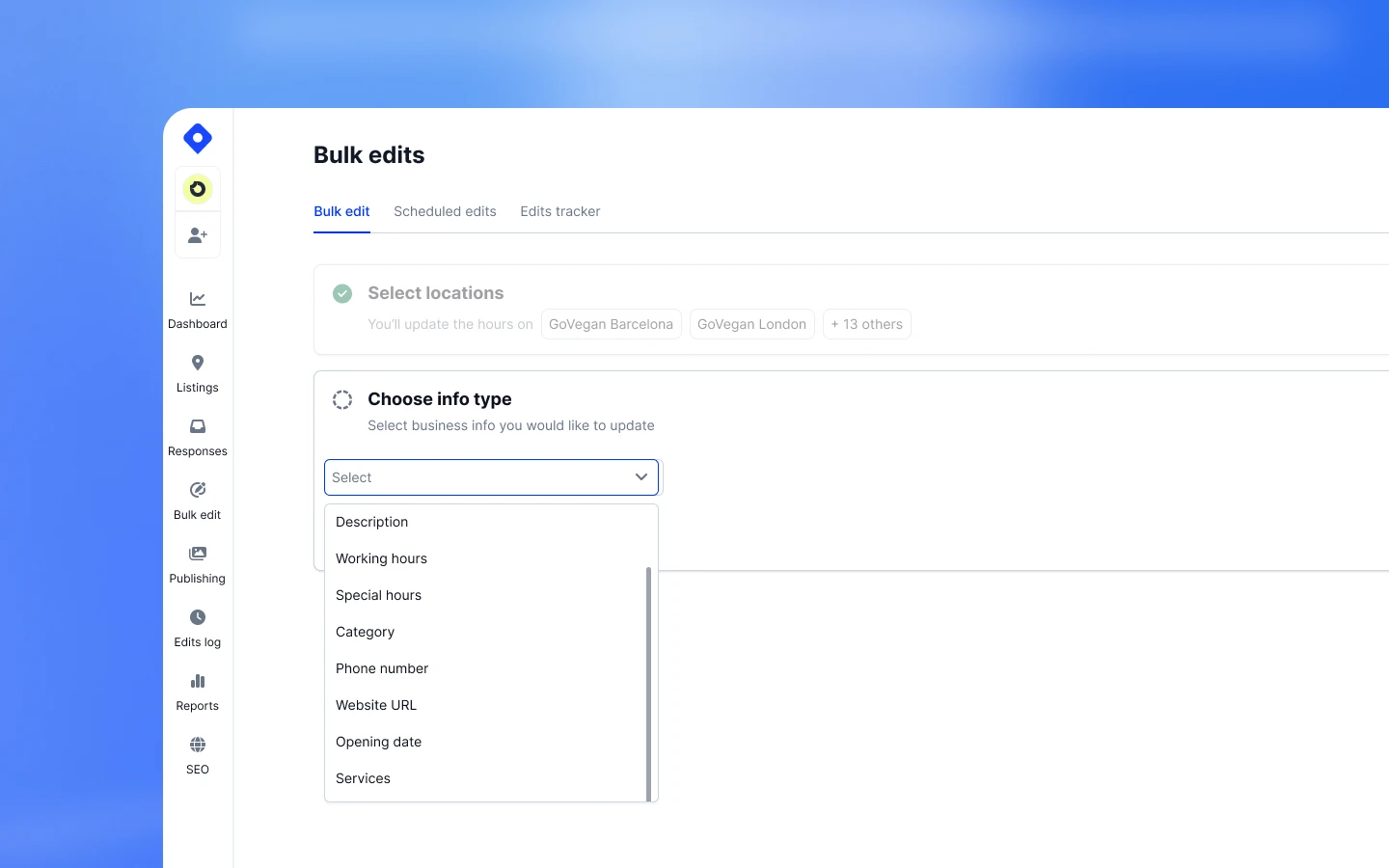 Localith bulk update screen for editing Google Business Profile information across selected locations