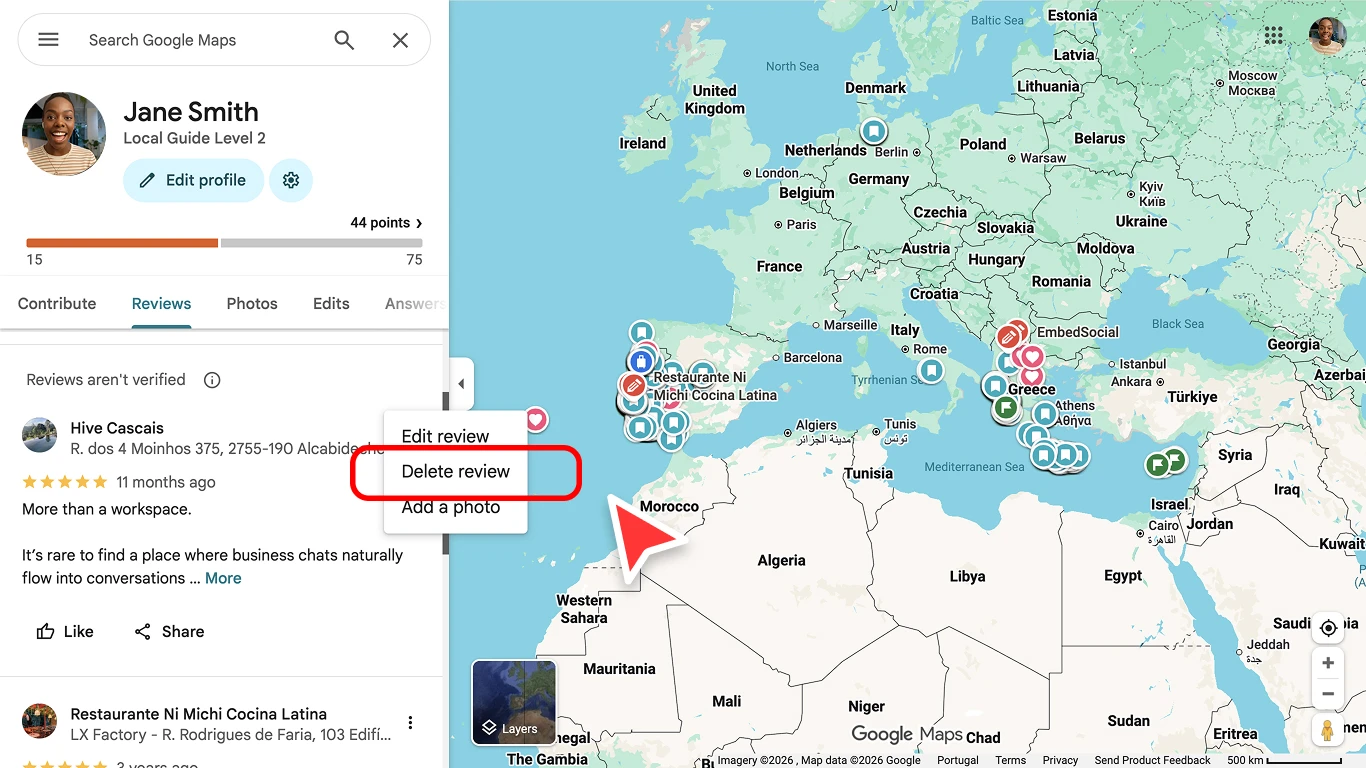 Google Maps contributions page showing the Delete review option in the three-dot menu