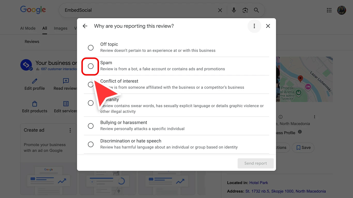Google review report form showing violation categories like Spam, Conflict of interest, and Profanity