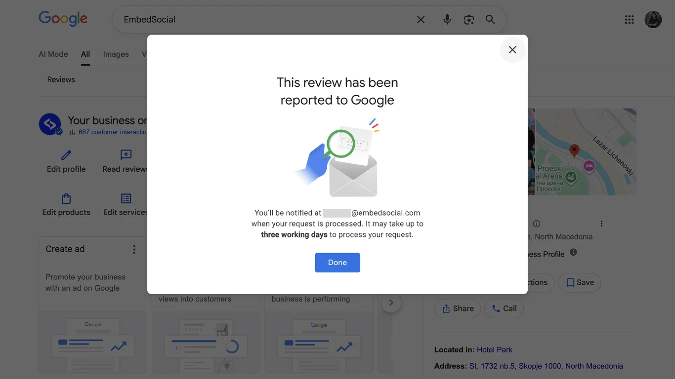Confirmation dialog showing the review has been reported to Google