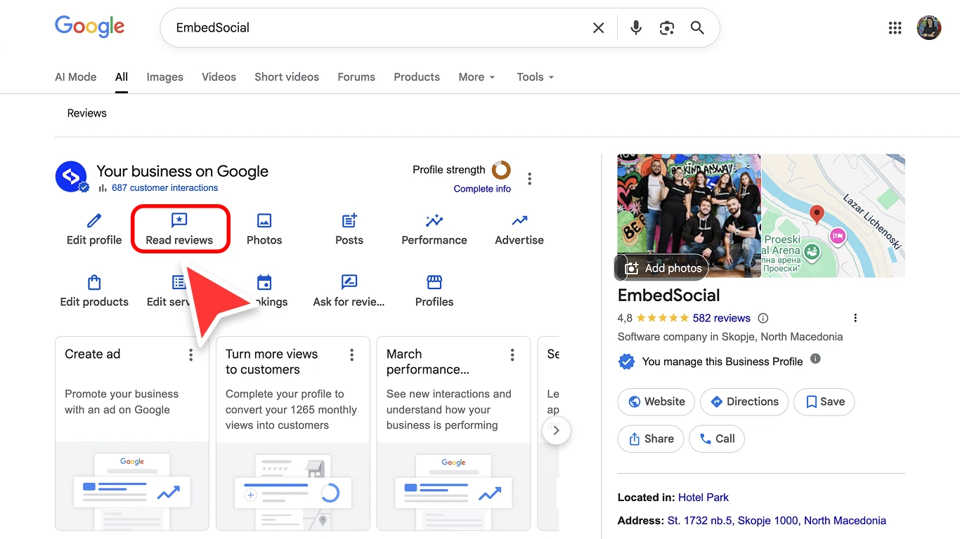 Google Search results for a business showing the Your business on Google dashboard widget with the Read reviews option highlighted