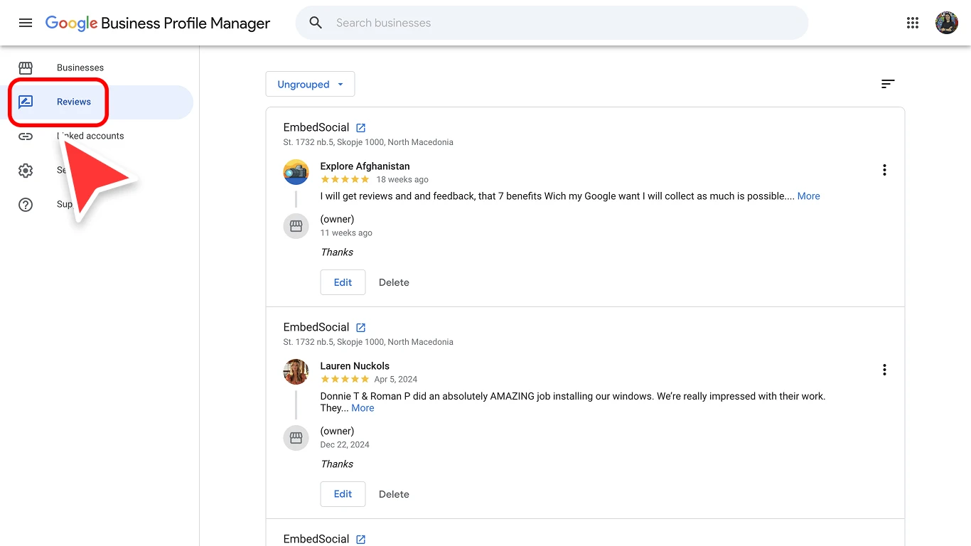 Google Business Profile Manager admin view with the Reviews tab highlighted in the sidebar and customer reviews listed with owner replies