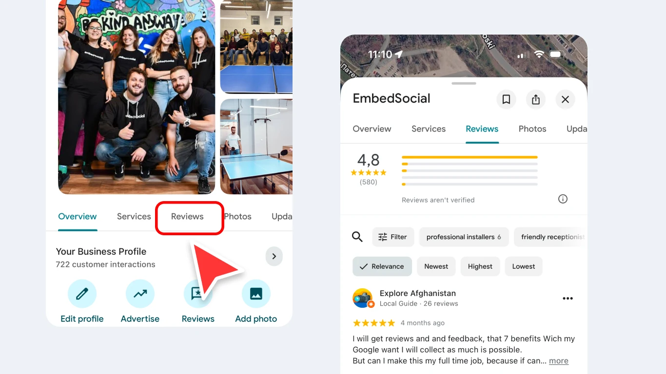 Google Maps mobile app on a business profile with the Reviews tab highlighted and the reviews list open beside it