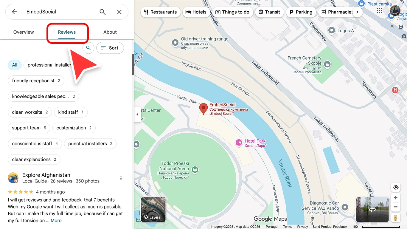 Google Maps desktop view of a business listing with the Reviews tab highlighted and customer review topics and ratings visible