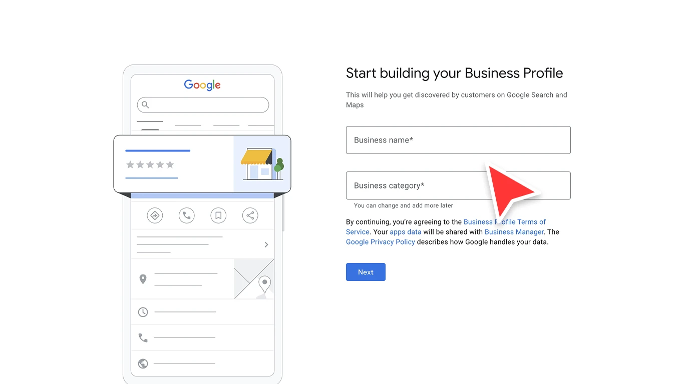 Google Business Profile creation form with business name and category fields