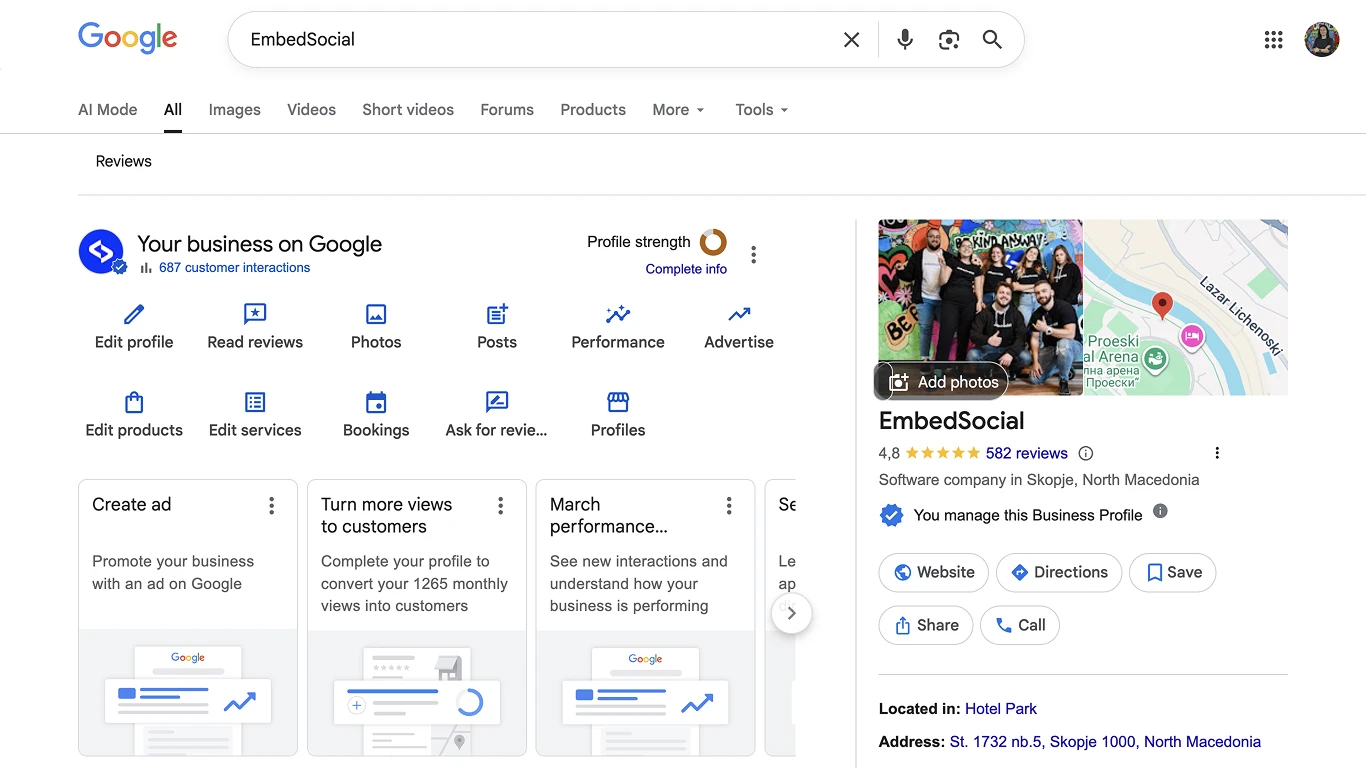 Google Business Profile example card shown directly inside Google Search results