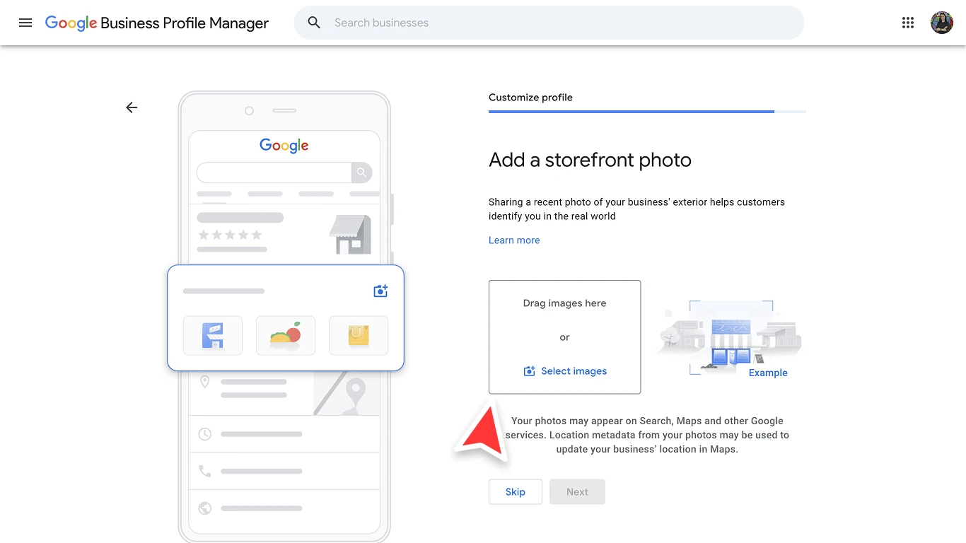 Google Business Profile photo upload screen asking for a storefront photo