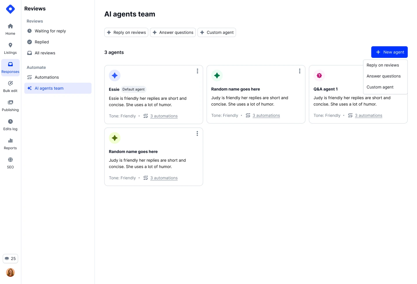 Agentes de IA personalizados para automatizar avaliações e perguntas do Google