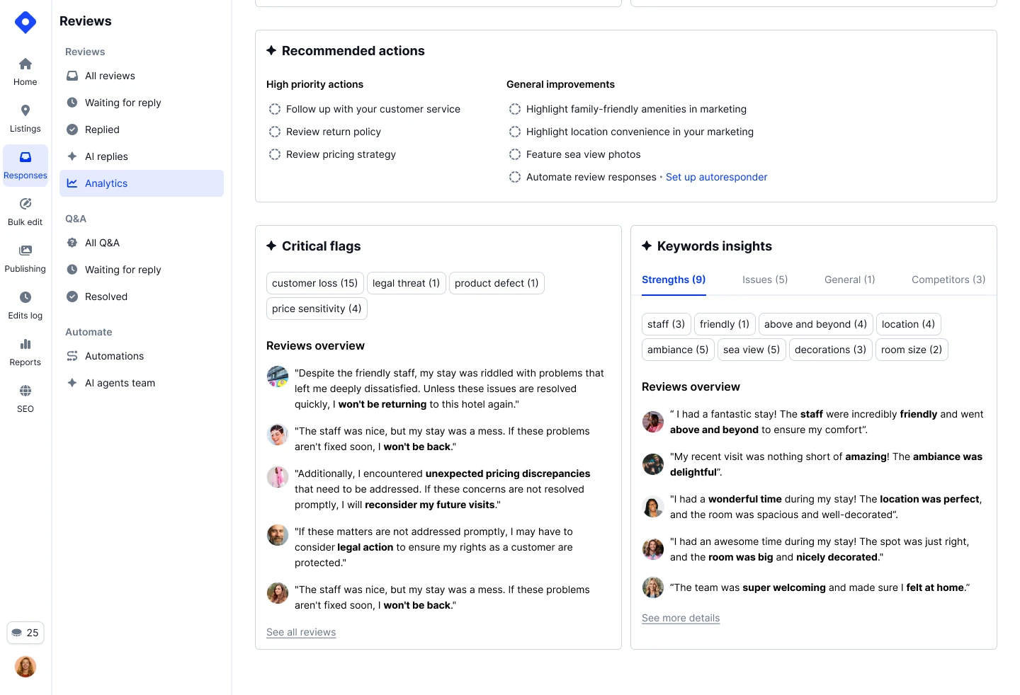 Localith Google reviews Analytics page with Recommended actions, Critical flags, and Keyword insights side by side