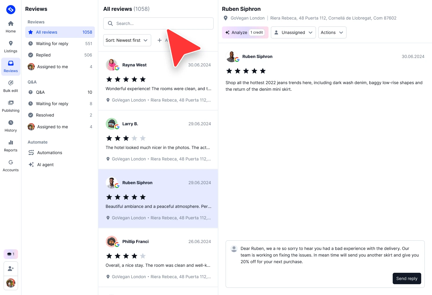 Localith All reviews tab in the Responses page with the search field highlighted, showing reviews from all connected Google Business Profile locations