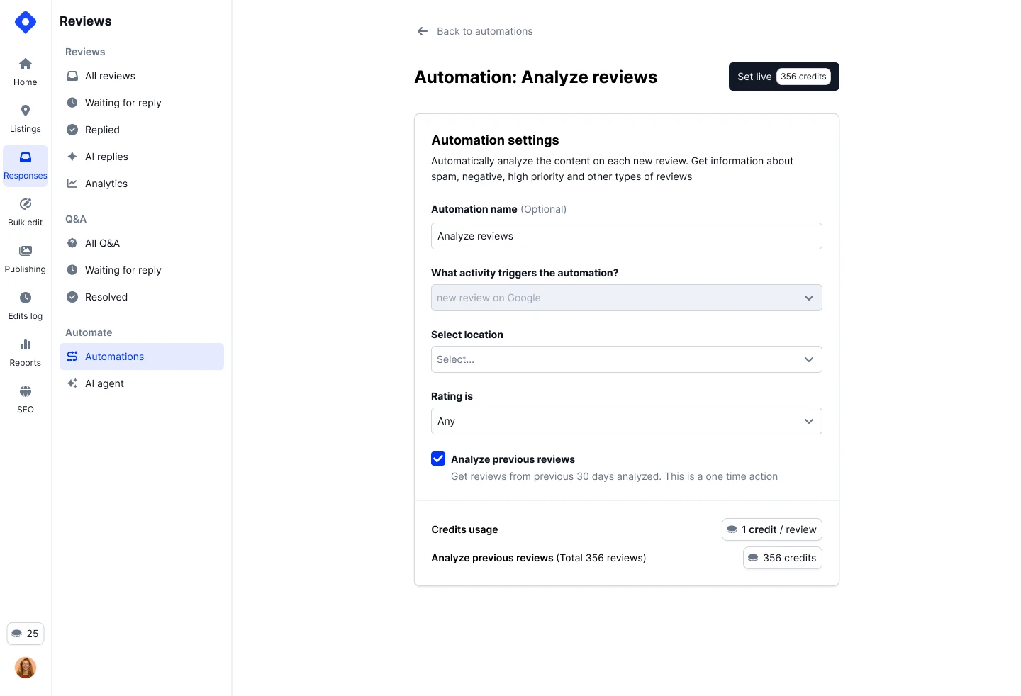Localith Analyze reviews automation setup with trigger, location filter, rating filter, and analyze-previous-reviews toggle
