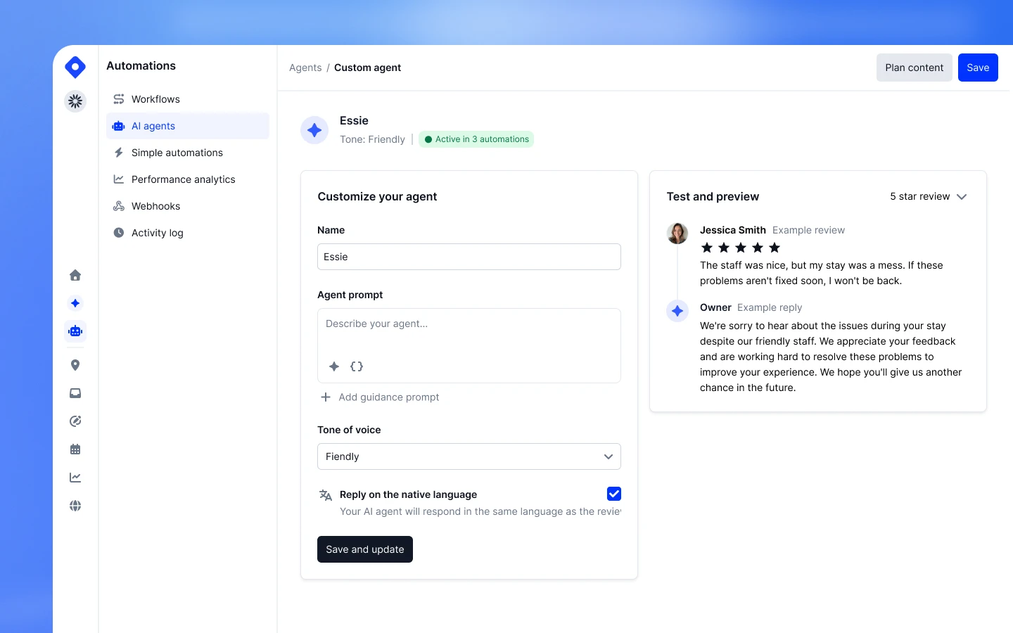Configurações de tom e idioma do Localith para respostas a avaliações