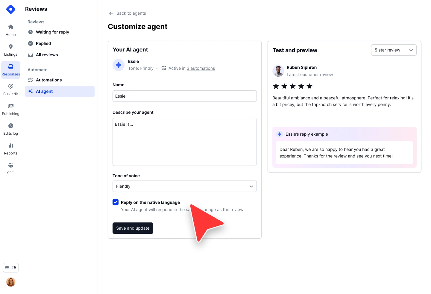 Configuração do agente de resposta IA com controlos de tom, idioma e estilo de resposta