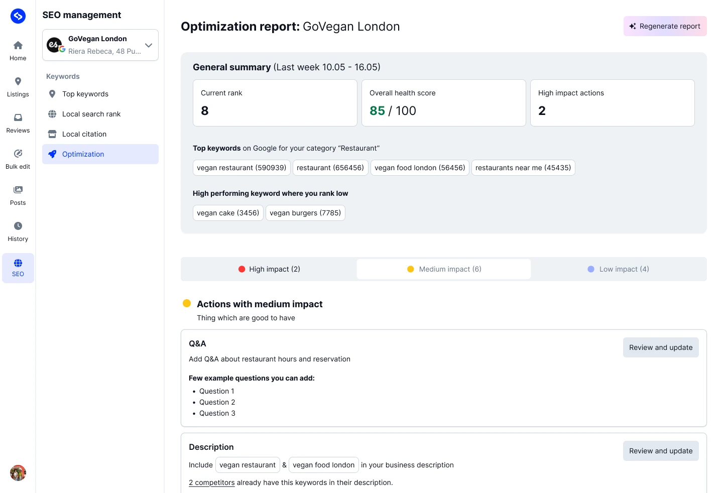 Resumo geral do relatório de otimização com posição, pontuação de saúde e contagem de ações de alto impacto